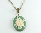 Floral Cameo Necklace, Flower Cameo Necklace, Green Cameo, Long Necklace