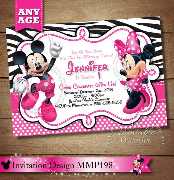 HUGE SELECTION Zebra Mickey Minnie Mouse First Birthday Printable Invitation, Zebra Printable DIY First Birthday Zebra Invitation Pink Il_570xn