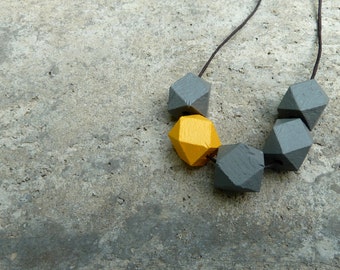 Geometric Wood Necklace // Faceted Wood Bead Necklace // Hedron Necklace // Grey and Mustard // Wood Bead Necklace