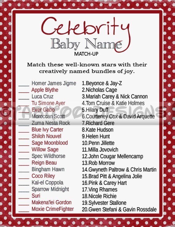 Celebrity Baby Name Match Up Game Baby Shower PRINTABLE