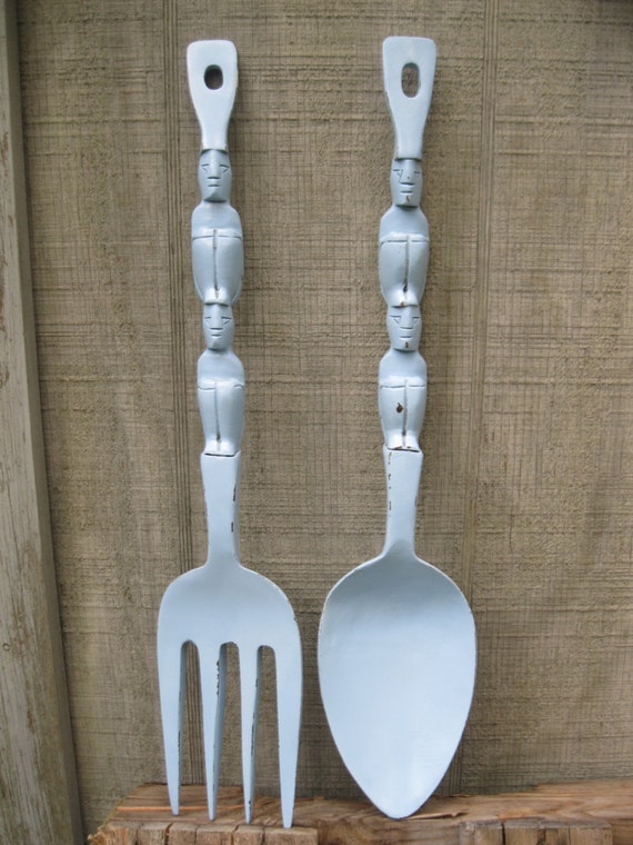 Large Wooden Spoon & Fork Wall Decor in light blue shabby chic