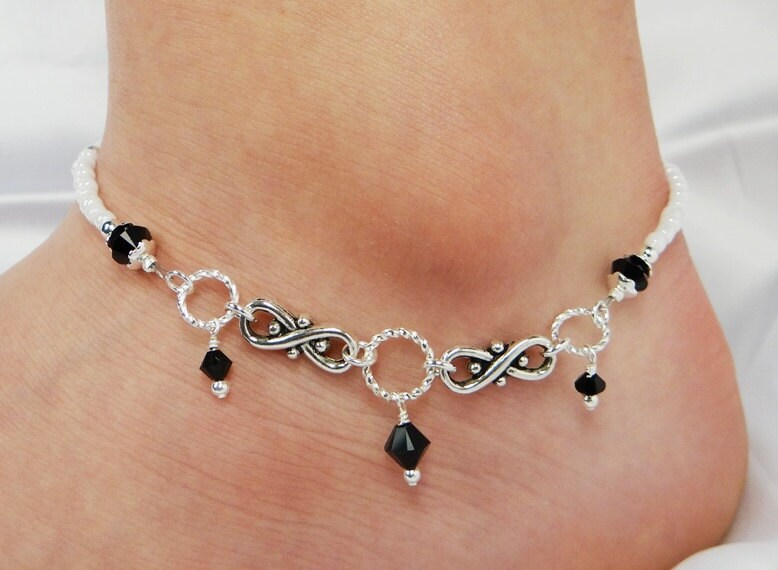 Anklet Ankle Bracelet Silver Infinity Connectors Jet Black