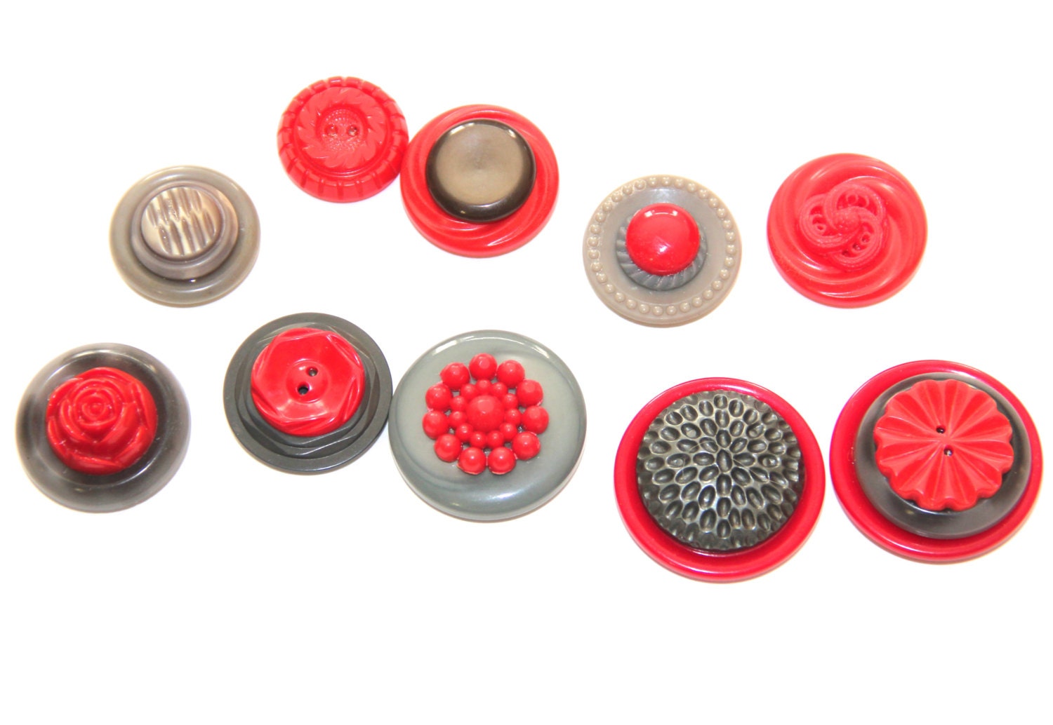 Vintage Button Set of 10 Gray and Red by tenpennygray