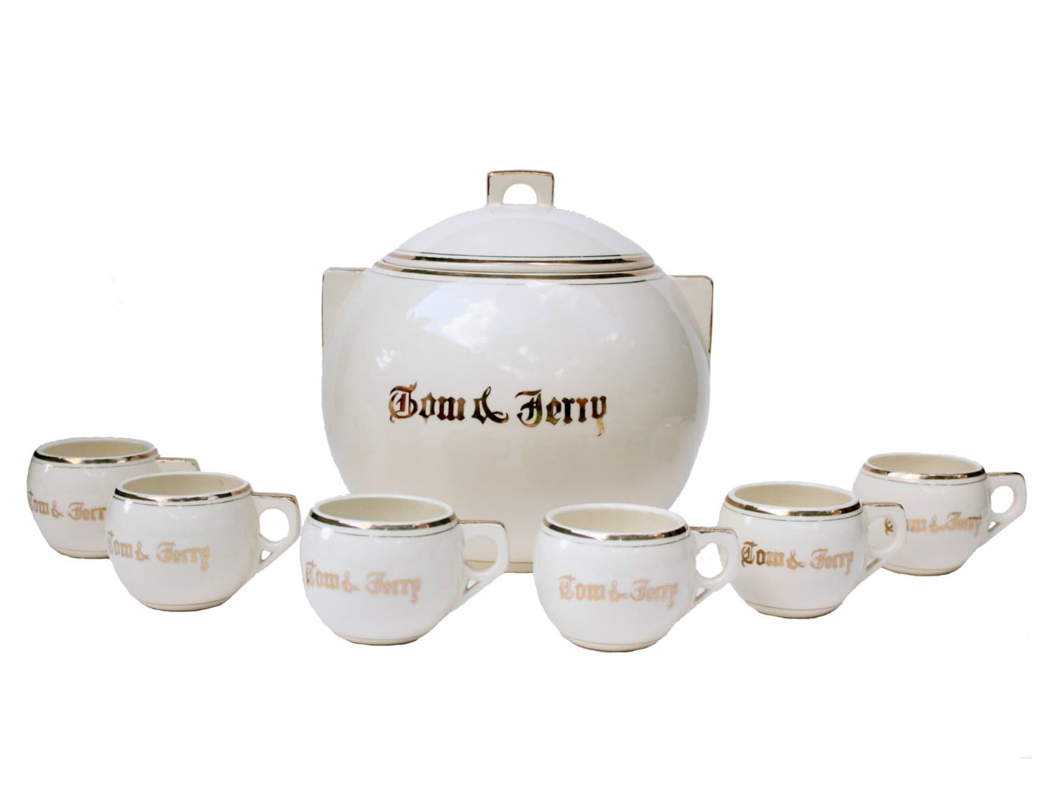 Vintage Tom And Jerry Punch Bowl Set 12 Cups White 24k Gold