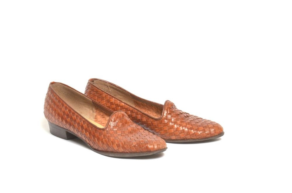 Vintage Woven Brown Leather Loafers â€
