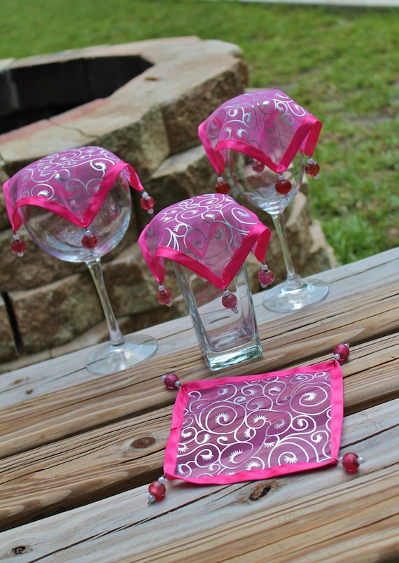 Wine Glass Covers Pink with Silver Swirl Trimmed with Pink