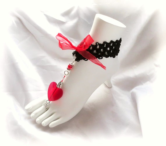 Red Heart LACE Valentine's BAREFOOT Sandals Slave Anklet BRACELET Red Heart LACE Valentine's BAREFOOT Sandals Slave Anklet BRACELET