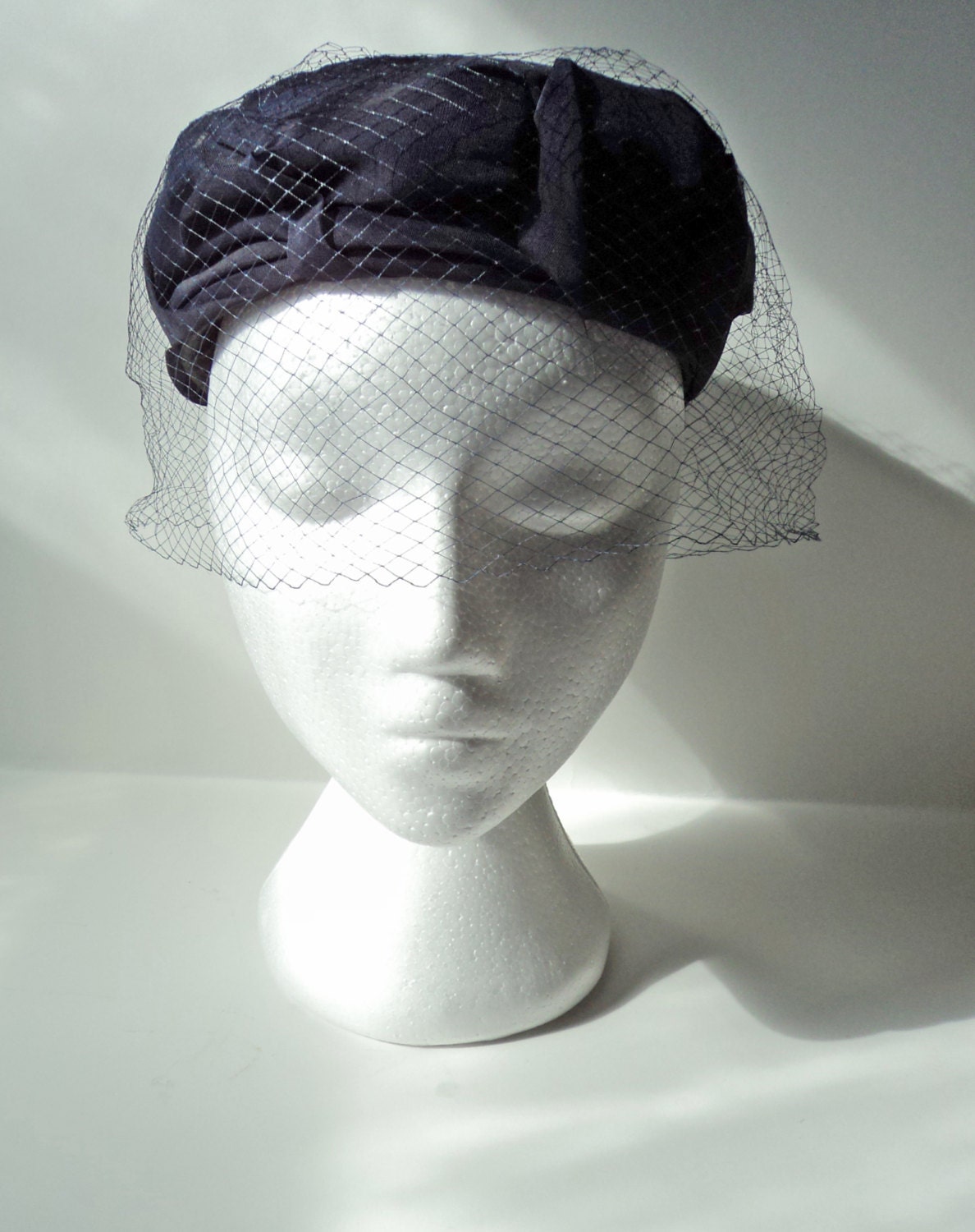 Navy Dark Blue Pillbox Hat Netting 1960s Vintage by KanariKouture