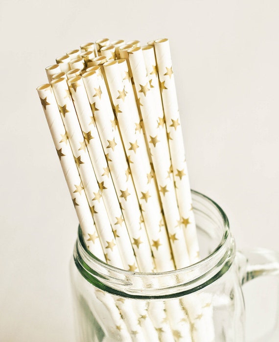 Paper Straws in Metallic Gold  White Stars - Set of 25 - Sparkle ...