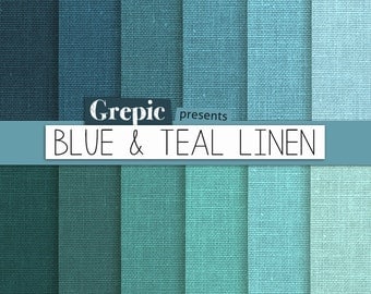 Blue linen digital paper: "BLUE & TEAL LINEN" with blue / green / teal / turquoise linen backgrounds / textures / for scrapbooking, cards