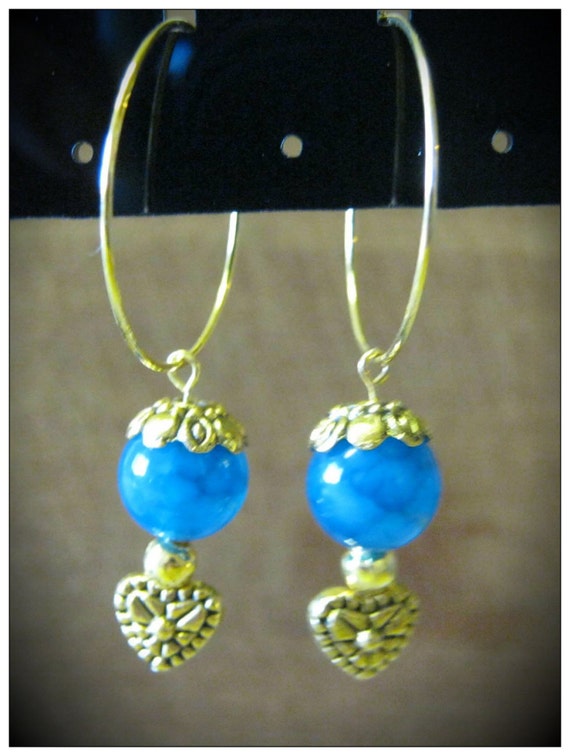 Handmade Gold Hoop Earrings with Blue Vein Agate & Heart by IreneDesign2011