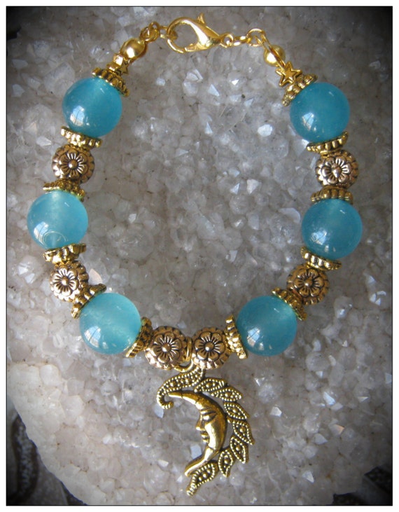Handmade Gold Bracelet with Blue Topaz, Flowers & Moon by IreneDesign2011