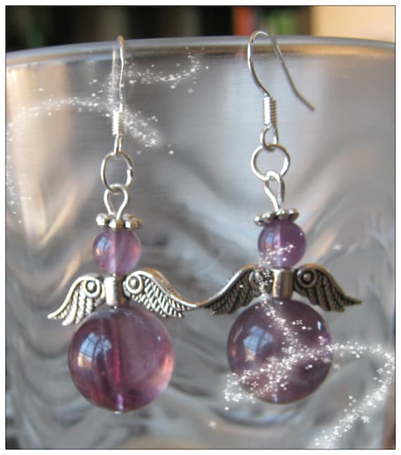 Handmade Silver Guardian Angel Earrings with Violet Fluorite by IreneDesign2011