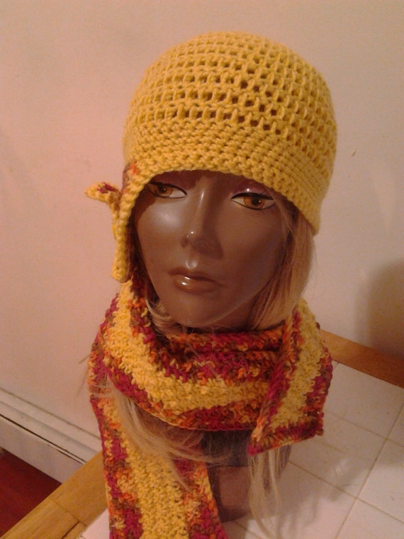 Cornmeal and Fiesta Crochet Hat with Side Flap / Side Brim and Matching Crochet Scarf Crochet Beanie Crochet Mesh Cap Crochet Mesh Beanie