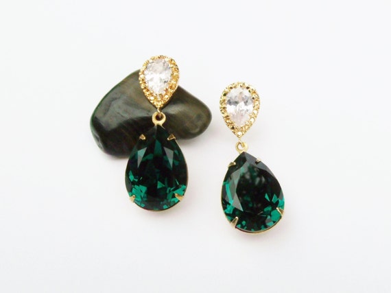 Emerald Green Earrings in Gold, Sterling Silver Post Pear Drop Earrings made with Genuine Swarovski Elements