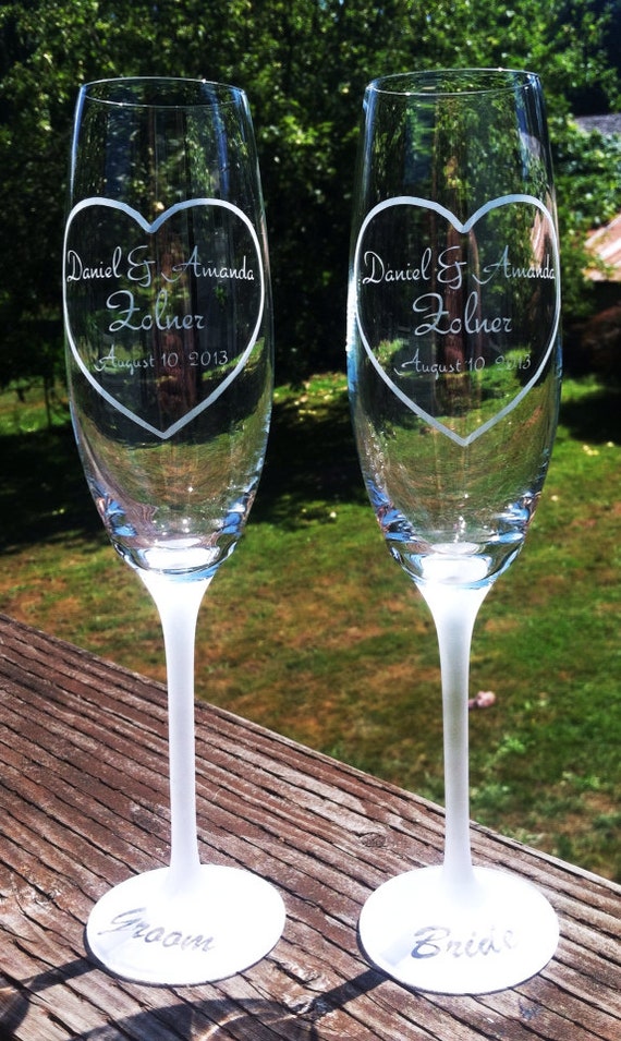 Etched Wedding Champagne Flutes Half Frosted by KBGlassetching