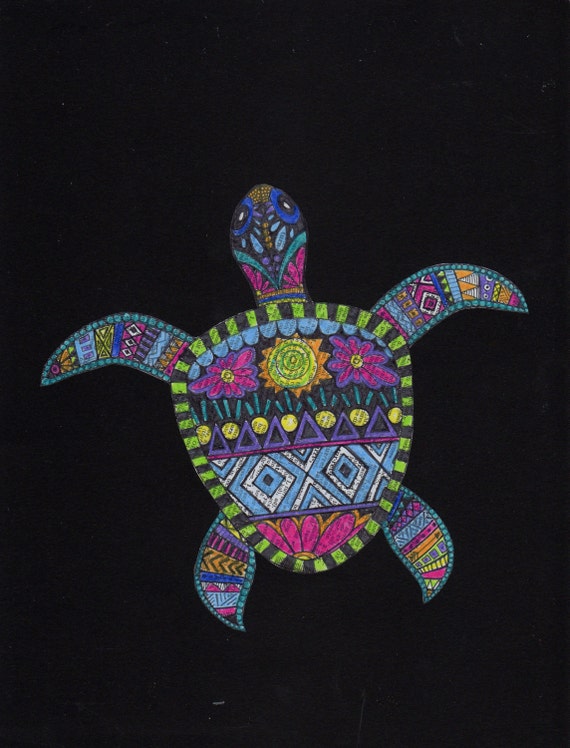 Items similar to Whimsical Sea Turtle Hand Illustrated Art (8x10 inches ...