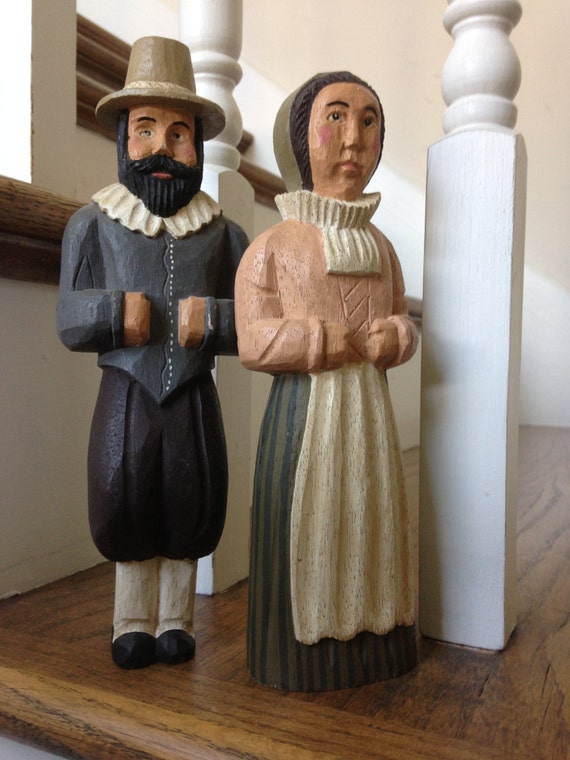 Hancarved Wooden Pilgrim Statues one pair