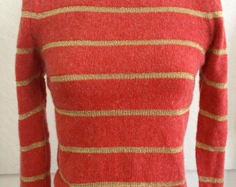 Vintage 1980's Bateau Neckline Silk/Angora Sweater with Gold Stripes and Puff Sleeves