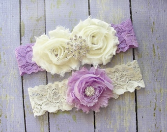 Purple Garter Set, Lilac Garter, Purple Wedding Garter, Ivory Bridal Garter, Purple Lace Garter, Garter Wedding