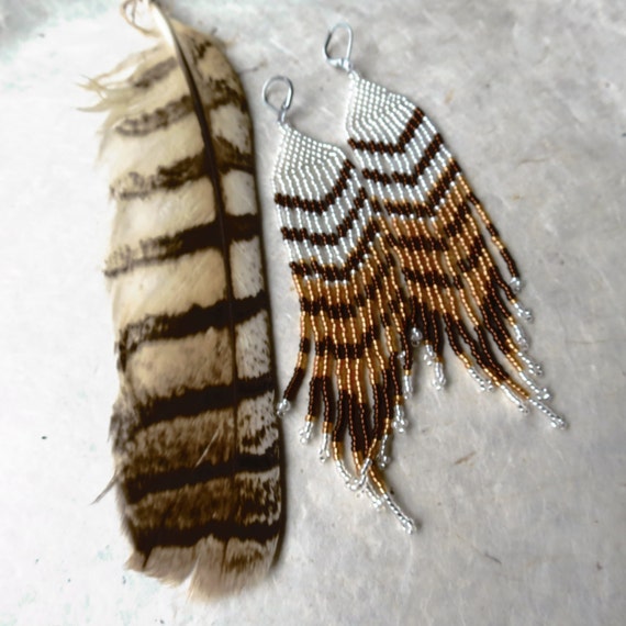 Items similar to Hawk Feather Long Beaded Earrings, Tasheena, Red Tail
