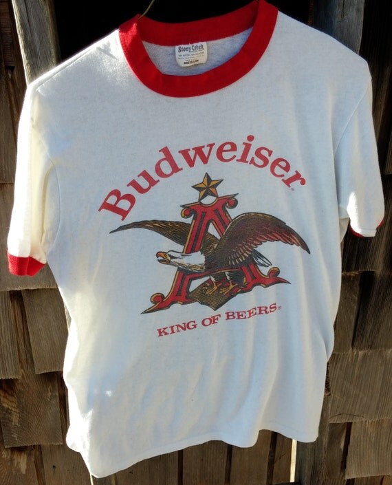 Vintage Budweiser T-Shirt White with Red Piping 50/50 Cotton