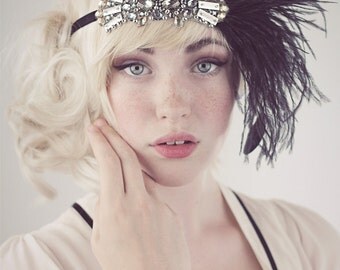 Deco Flapper Headband Antique Silver Beading with Black, Silver Gray or Charcoal Gray Ostrich Feather Headband