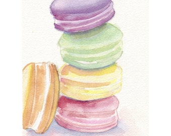 Laduree Macarons no. 5 Watercolor Painting 5x7 Print, Four Pastel Laduree Macarons, Still Life Food Watercolor, 5x7 Print