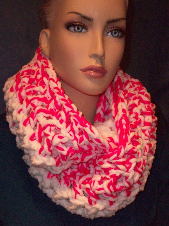 Neon Pink Crochet Infinity Scarf White by Freshofftheneedle