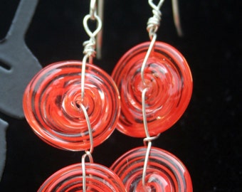 Filigrana Orange Double Disc Glass Lampworking Sterling Silver Earrings