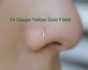 Nose Ring Hoop - Nose Piercing - Tragus Ring - Helix Piercing - Cartilage Earring - 14K Yellow Gold Filled 24 -16 Gauge 7 mm Inner Diameter