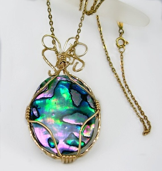 GORGEOUS Gold Fill Wire Wrapped Abalone Paua Pendant Necklace