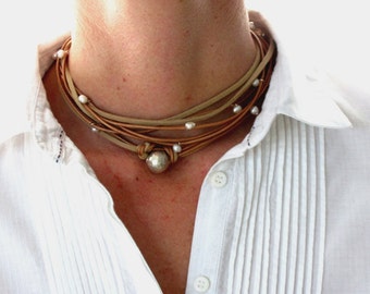 Leather Pearl Necklace, Sterling Silver Jewelry Boho Chic, Silver Choker, Pearl Wrap Necklace, Boho Wedding Jewelry