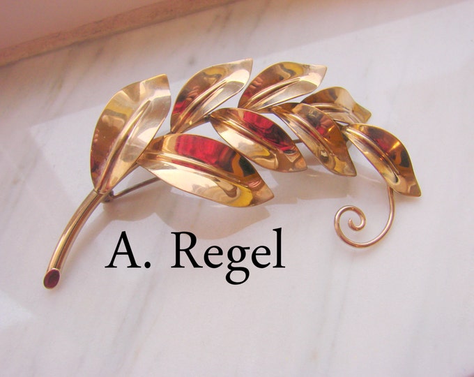 Large Vintage Retro A. REGEL Gold Filled Brooch / Leaf Motif / Designer Signed / Jewelry / Jewellery