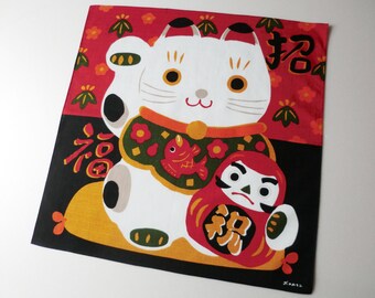 Japanese fabric cat furoshiki, cotton wrapping cloth cat fabric, kawaii fabric, japanese yukata kimono fabric