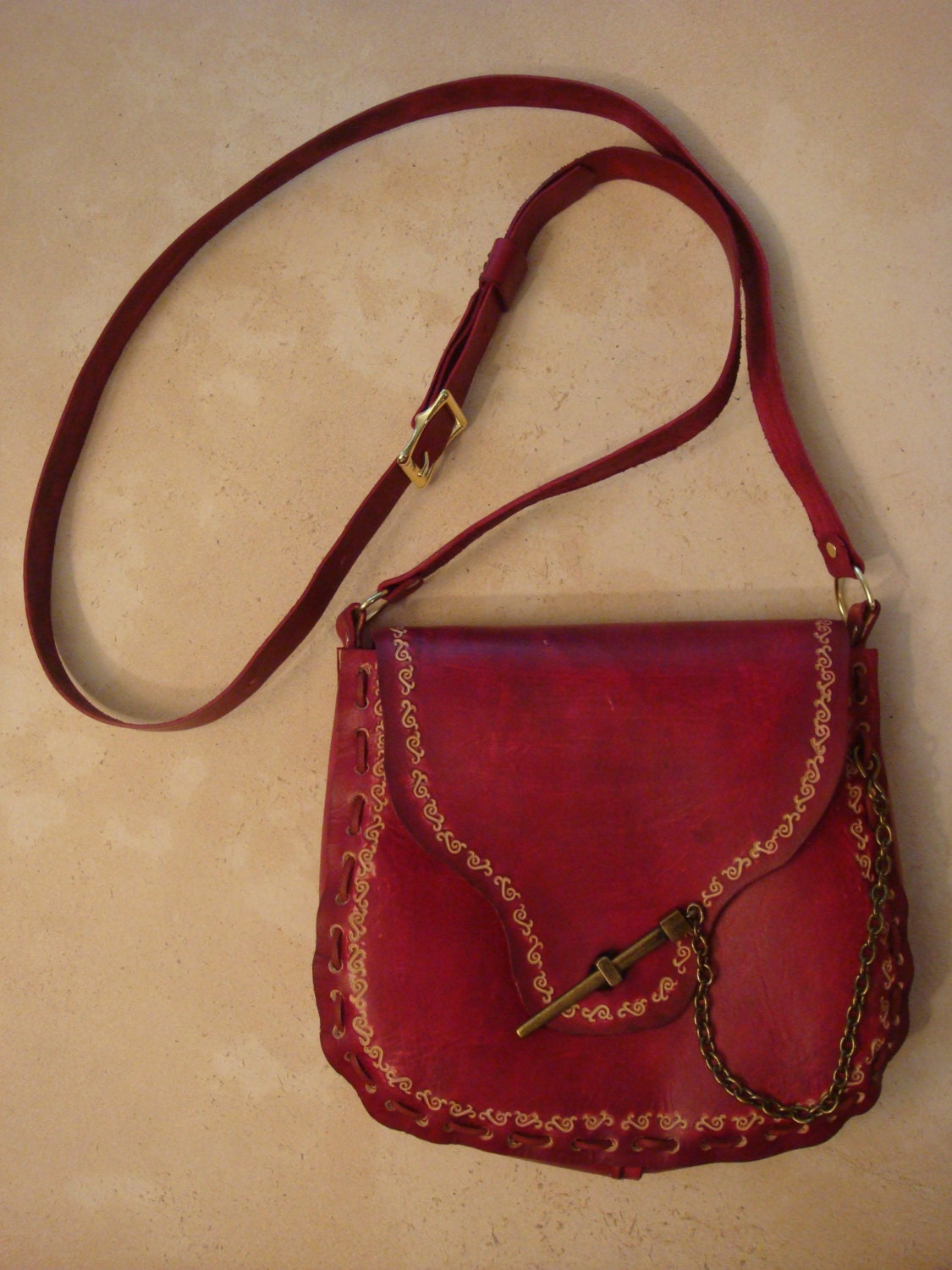 Kim Tooled Red Leather Crossbody Bag Shoulder Bag Purse