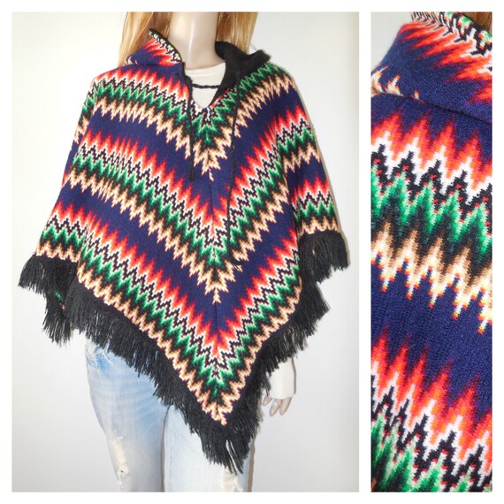 Vintage Hooded Navajo/Aztec style Poncho with Fringe by theOHV