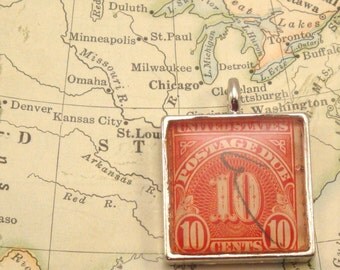 Vintage US Postage Due Canceled Postage Stamp Pendant Necklace Key Ring