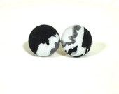 Black and White Button Earrings- Fabric Covered Button Post Earrings- Abstract Pattern Fabric- Black /Grey/White- Button Stud Earrings