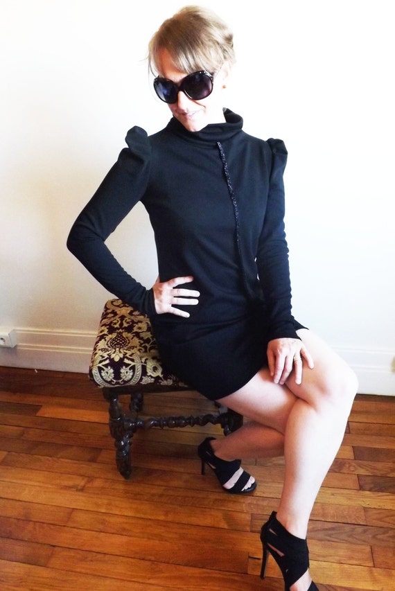 women short high neck black dress, steampunk clothing, black short dress, elegant black dress, turtleneck black dress by JolyDagmara steampunk buy now online
