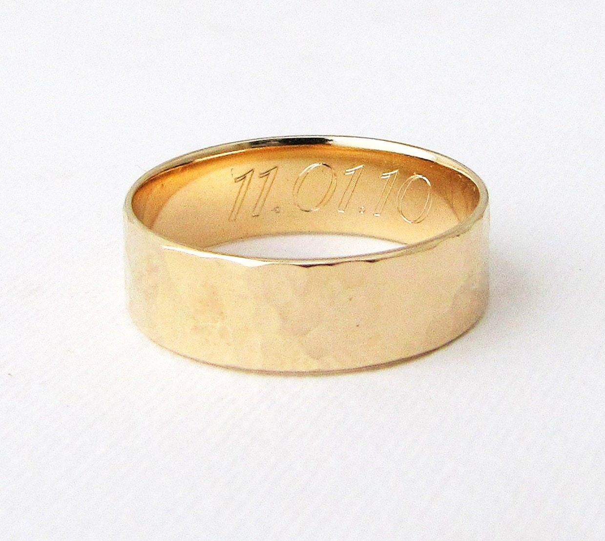 Engraved Gold Wedding Band Mens Gold Wedding Ring Hammered