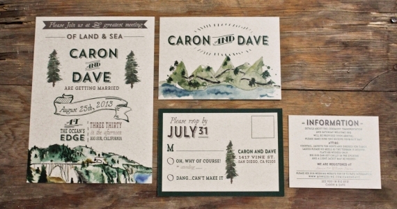 Rustic Woodland Water Color Wedding Invitation : Land and Sea, Big Sur Inspired