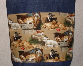 New Medium Handmade Peaceful Farm Stable Horse Sheep Dog Denim Tote Bag