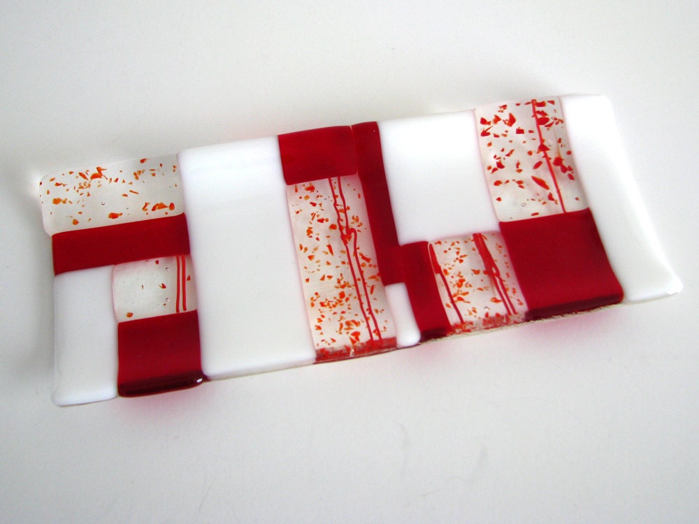 Red and White Cracker Tray in Fused Glass Platter Serving Dish