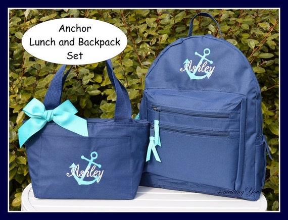 Personalized Anchor and Name Monogrammed Backpack and Lunchbox Set - Trendy Nautical Solid Color School Girls Bookbag kids childrens