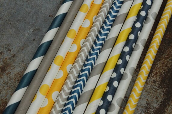 Party Straws -- set of 25 -- Navy and Yellow - Boy Theme Paper Drinking Straws Il_570xn