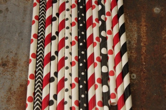 Gamecocks Party Straws - Set of 25 - black, dots, stripes, chevron Il_570xn