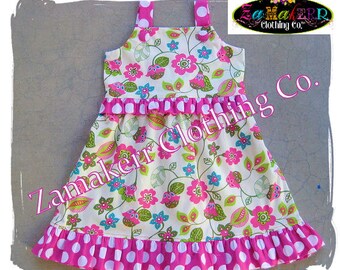 Custom Boutique Clothing Cute Girl Pink Dot Floral Spring Aline Jumper Ruffle Dress Size 3 6 9 12 18 24 month size 2T 2 3T 3 4T 4 5T 5 6 7 8