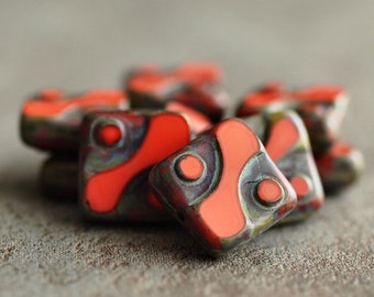 Czech Glass Bead Coral Picasso 10mm Square : 10 pc