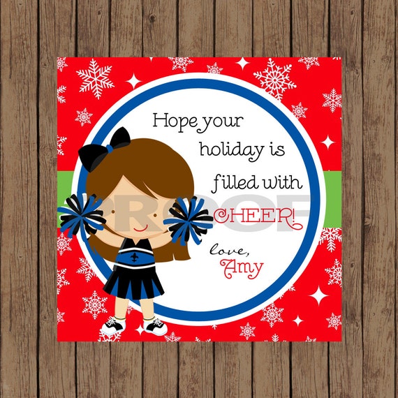 Set of 12 CHEERLEADING Christmas Favor Tag - personalized - PRINTABLE digital file - you print - Any Color Il_570xn